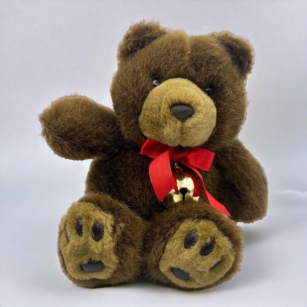 Vintage Playful Pals Mervyns Plush Teddy Bear Red Bow Bell Stuffed Animal 10"